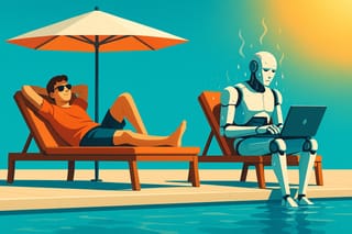 Mansch liegt im Schatten am Pool und AI Agent schwitzt in der Sonne.