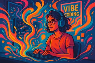 Junge Frau sitzt an der Tastatur und macht Vibe Coding