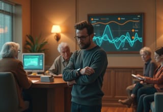 Ein Mann schaut auf seine Apple Watch in einem Wartezimmer