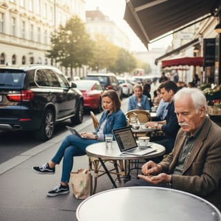 Ein alter Mann zählt seine Münzen um sich einen Kaffee zu leisten.