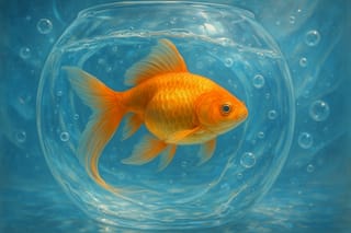 Ein Goldfisch, der in seinem gläsernen Universum stumme Kreise zieht