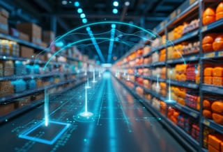 Batterielose Ambient IoT Sensoren visualisiert als unsichtbare Datenschicht über Einzelhandels-Supply-Chain