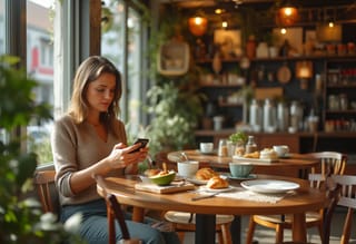 Eine Frau arrangiert ihr Frühstück fürs perfekte Foto