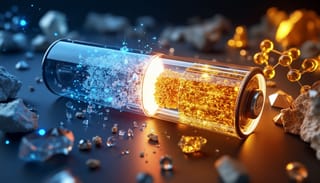 Visualisierung der Natrium-Ionen-Batterietechnologie mit Kochsalzkristallen und Energieflüssen, die den Übergang von Lithium zu Natrium zeigen