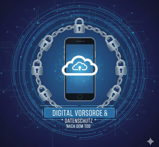 Digitaler Nachlass Konzept: Smartphone und Cloud-Symbole umgeben von Schlosssymbolen, symbolisiert digitale Vorsorge und Datenschutz nach dem Tod