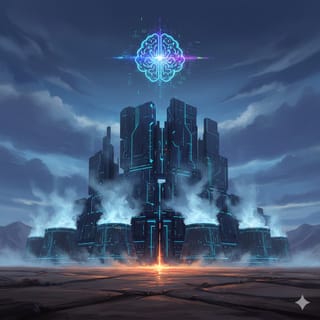 Ein gigantisches Rechenzentrum in der Wüste, im Vordergrund verdampfendes Wasser aus Kühltürmen