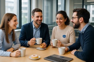 Die sigitalworld Academy ausgebildete KI Managerin trinkt Kaffee mit dem Marketing Team