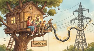 Die fröhliche familie Crusoe sitzt vor ihren handies