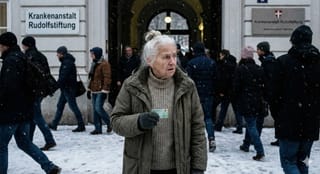 eine alte frau steht im eingang von der rudolfstiftung. in der hand hält sie die ELGA plastikkarte