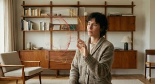 Ein Mensch interagiert nachdenklich mit einer schwebenden, warm beleuchteten Daten-Visualisierung seiner Gesundheitswerte.