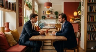 Zwei Menschen in einem Café beim Betrachten einer holografischen Rechts-Analyse in warmem Licht. 