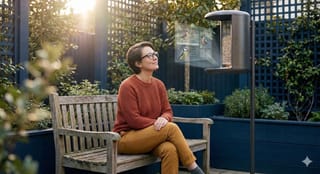 Person interagiert in einem Garten mit dem technologischen Interface eines smarten Futterautomaten.