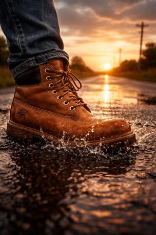 Ein Timberland Stiefel steigt in eine Lacke. Im Hintergrund geht die Sonne unter.