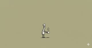 Minimalistische schwarze Tuschezeichnung eines kleinen Kochs mit Kochmütze, der eine dampfende Schale hält, im Zentrum einer weiten, flachen oliv-beigen Fläche.