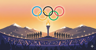 Minimalistische Illustration der olympischen Fackel und Ringe vor einer Bergkette im Flat-Design. Dunkle Athleten-Silhouetten stehen vor einem orangefarbenen Abendhimmel.