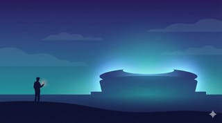 unkle Silhouette einer Person vor leuchtendem Stadionhorizont in kühl Gradients, flacher Vektor-Stil, ruhig und atmosphärisch.