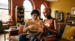 Ein Jugendlicher und ein humanoider Roboter arbeiten gemeinsam an einem leuchtenden Hologramm.