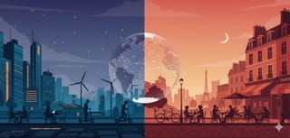 in Flat-Vector-Design im 16:9 Querformat, geteilt durch einen zentralen Globus. 