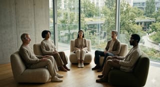 Menschen in einem modernen, hellen Raum nutzen neuronale Interfaces für eine gemeinschaftliche Meditations- oder Brainstorming-Session.