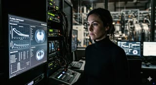 Ingenieurin betrachtet konzentriert eine Plasma-Simulation auf einem Monitor in einem modernen Kontrollzentrum.