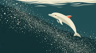 Konzeptillustration: Ein einzelner Delfin schwimmt ruhig gegen eine Strömung aus glitzernden Mikroplastik-Partikeln – Sinnbild für Granthams Warnung vor Toxizität.