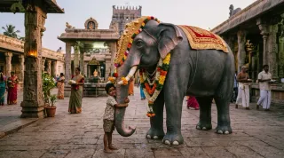In Kerala segnen Priester einen Elefanten aus Fiberglas