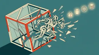 Bauhaus-Illustration: eine geometrische Maschinenfigur durchbricht einen gläsernen Würfel und bewegt sich auf vier entfernte, schwach leuchtende Strukturen zu