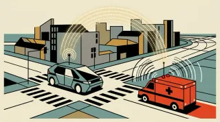 Ein türkisfarbenes Robotaxi blockiert eine Kreuzung, dahinter ein zinnoberroter Rettungswagen mit geometrischen Sirenenwellen.