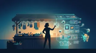 Silhouette einer Frau steuert einen Marktstand, der in eine digitale Shop-Oberfläche mit KI-Agenten übergeht