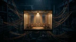 Ein winziger beleuchteter Theatersaal mit fünfundzwanzig leeren Stühlen schwebt im Inneren einer dunklen Maschinenhalle, umgeben von glühenden Leitungen – Sinnbild für den J-Space in Sprachmo
