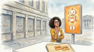 ein orange leuchtendes KI-Hinweisschild steht vor geschlossenen Behördenschaltern, daneben ein Aktenordner mit zwei Vertagungs-Klebezetteln.