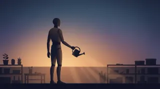 Dunkle Silhouette eines humanoiden Roboters mit Gießkanne vor einem Farbverlauf aus Indigo und Bernstein