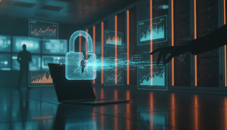 Zerbrechendes Vorhaengeschloss als Hologramm ueber einem Laptop, Datenstroeme fliessen zu einer Schattenhand.