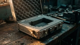 Ein geöffneter, leerer Transportkoffer aus Aluminium steht auf einer Werkbank, der Schaumstoff im Inneren ist auf die Form eines fehlenden Geräts ausgeschnitten.