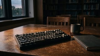 Abgegriffene schwarze Tastatur auf einem alten Holztisch in einem dämmrigen Lesesaal, dahinter unscharf leere Stühle und Bücherregale.