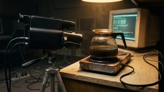 Alte Glaskaffeekanne auf einer Warmhalteplatte, davor eine Videokamera auf einem Stativ in einem Computerlabor der frühen Neunziger