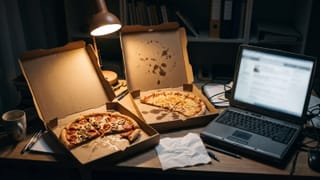 Zwei angebissene Pizzen in offenen Kartons auf einem Schreibtisch neben einem alten Laptop im Lampenlicht