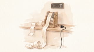 Aquarell in Cremetönen: aus einem hölzernen Nummernspender ringelt sich ein langes Band ungezogener Wartenummern zu Boden, daneben ein Stecker, der in nichts steckt.