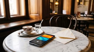 Smartphone auf einem Marmortisch im Wiener Kaffeehaus, auf dem Display zwei bunte Kacheln und eine dunkle mit Schloss, daneben Melange, Wasserglas und ein geöffnetes Kuvert.