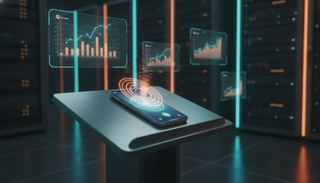 Ein Smartphone auf Lautsprecher auf einem Rednerpult, umgeben von Serverschränken und Hologramm-Diagrammen