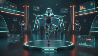 Humanoider Roboter zeigt Tai-Chi auf einer Bühne in einem futuristischen Freizeitpark, Besucher im Hintergrund