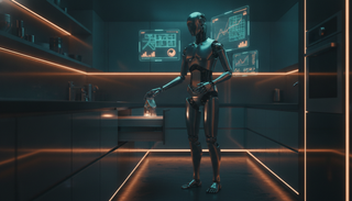 Humanoider Roboter öffnet in einer dunklen Küche eine Schublade, umgeben von Hologramm-Panels