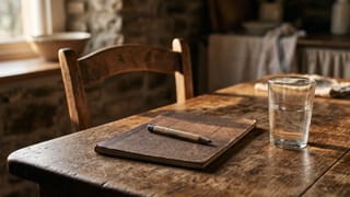 Auf einem abgewetzten Holztisch liegt ein geschlossenes Schulheft mit einem kurzen Bleistift darauf, daneben ein halbvolles Wasserglas; der Sessel dahinter ist leergeschoben.
