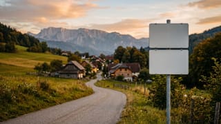 Zwei gleich große, leere weiße Tafeln an einem Pfosten am Ortseingang, dahinter eine Landstraße, ein Dorf und Berge im Abendlicht.