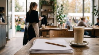 Ein Stapel Papier mit Bleistift und ein Café Olé auf einem Holztisch, im Hintergrund eine Kellnerin mit Bestellblock vor dem Markt.