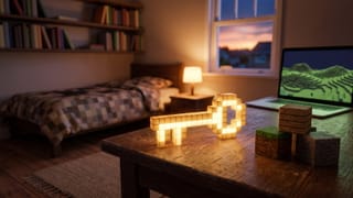 Ein leuchtender, aus Würfeln gebauter Pixel-Schlüssel liegt auf dem Schreibtisch eines Kinderzimmers neben Spielwürfeln, im Hintergrund Bett, Laptop mit Blocklandschaft und Dämmerung.