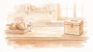 Aquarell in warmen Cremetönen: auf einer Ladentheke liegen zwei Brotlaibe in einer Holzlade neben einem leeren Preisschild, am anderen Ende der Theke steht eine hölzerne Wahlurne mit Schlitz