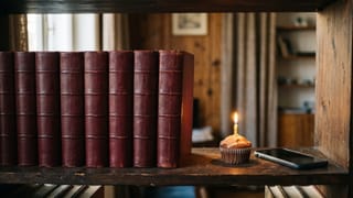 Dunkelrote Lexikonbände auf einem Holzregal, daneben ein Muffin mit einer brennenden Kerze und ein Smartphone mit dunklem Bildschirm, warmes Seitenlicht.