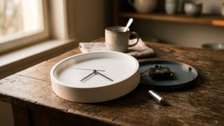 Eine weiße, ziffernlose Wanduhr liegt mit dem Zifferblatt nach oben auf einem alten Holztisch, daneben die abgenommene Rückwand mit dem Uhrwerk und eine einzelne Batterie.