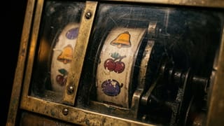 Nahaufnahme der abgegriffenen Walze eines alten Spielautomaten hinter zerkratztem Glas, von der Seite in warmem Licht.